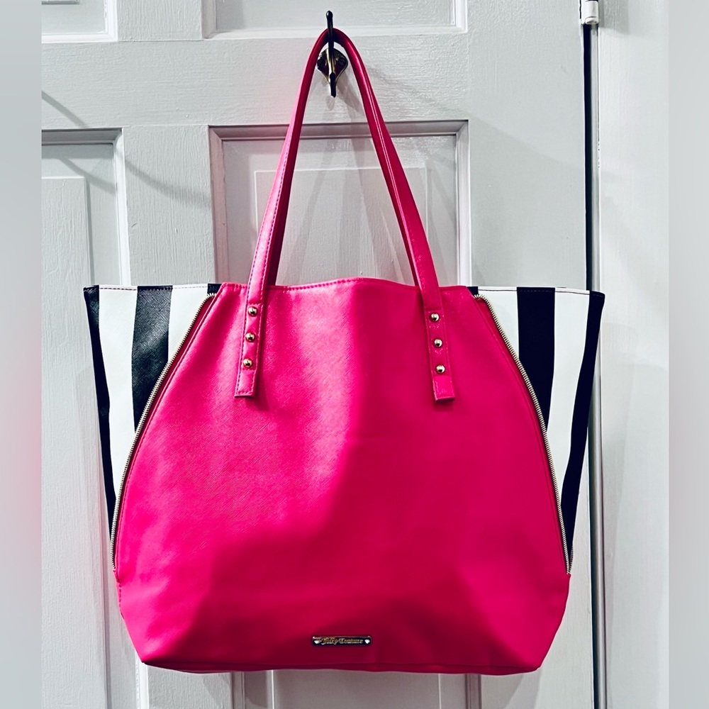 Juicy Couture Hot Pink w/ Black & White Stripe Side Panel Large Tote -new - Picture 2 of 12